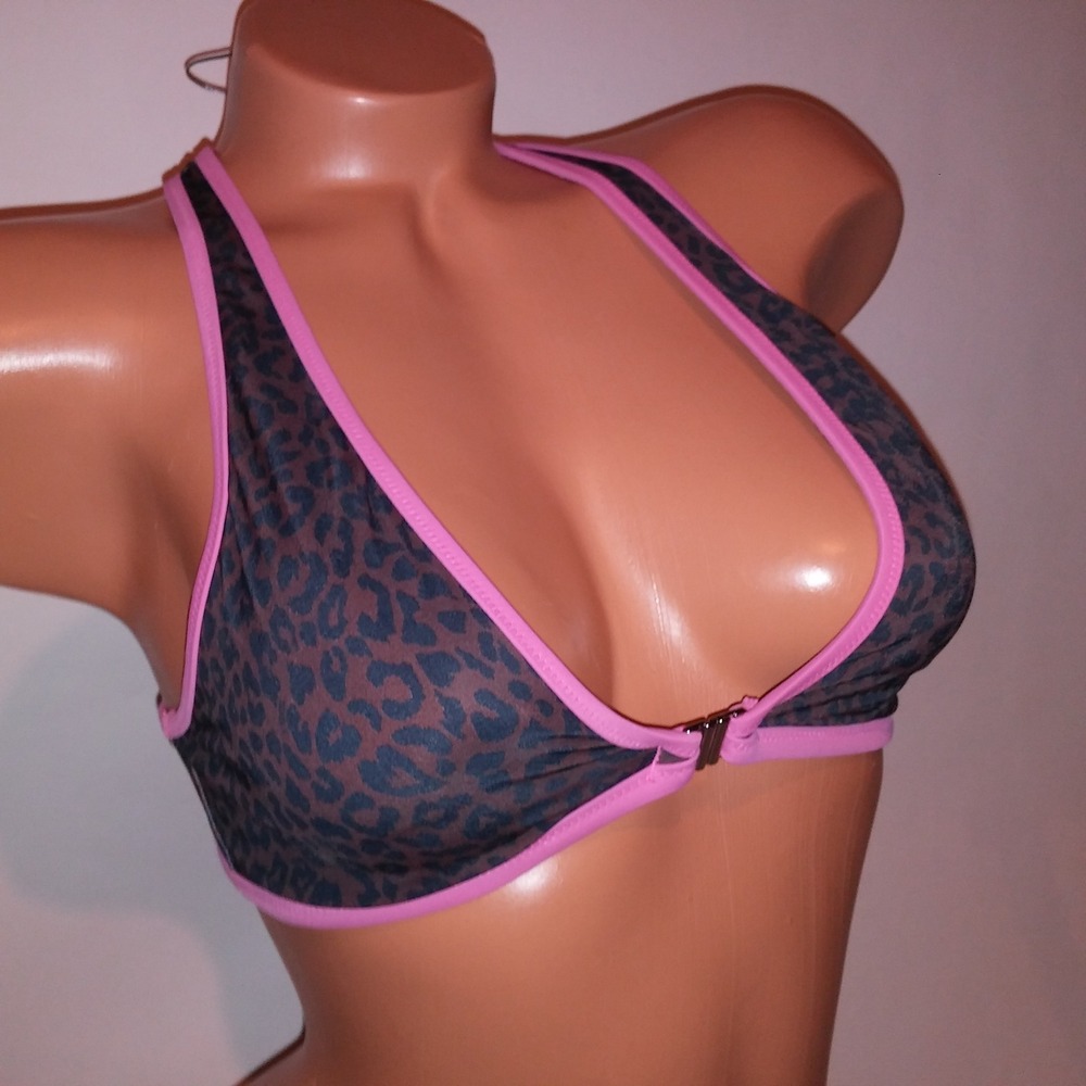 Victoria Secret PINK Swim Bikini Top Small Leopard Triangle Racerback Front Clos